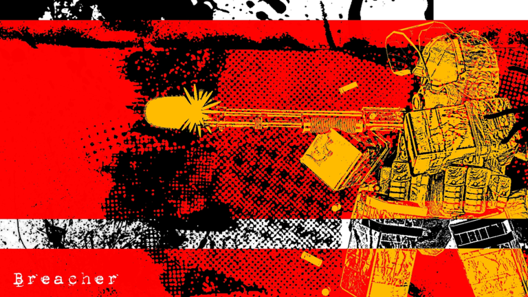 Examination Breacher class firing a shotgun in red and yellow key art