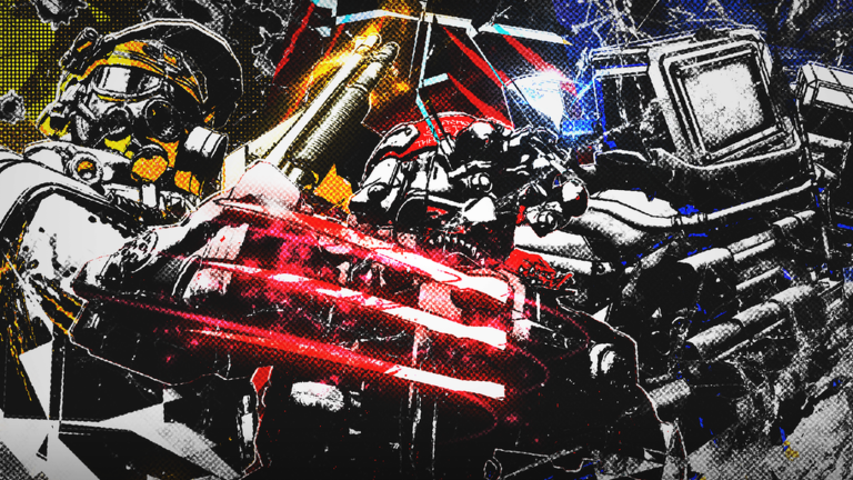 Combat collage from Examination showing operators firing weapons amid red, blue and yellow accents