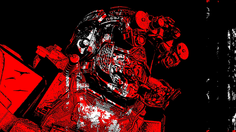 Stylized Examination operator wearing a gas mask, rendered in red and black