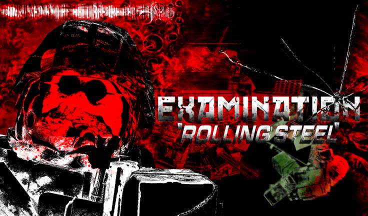 Examination key art: a masked operator in a gas mask and helmet against red and black warning graphics