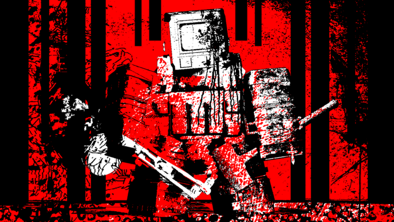 Iconic Examination figure with a monitor for a head carrying a rifle